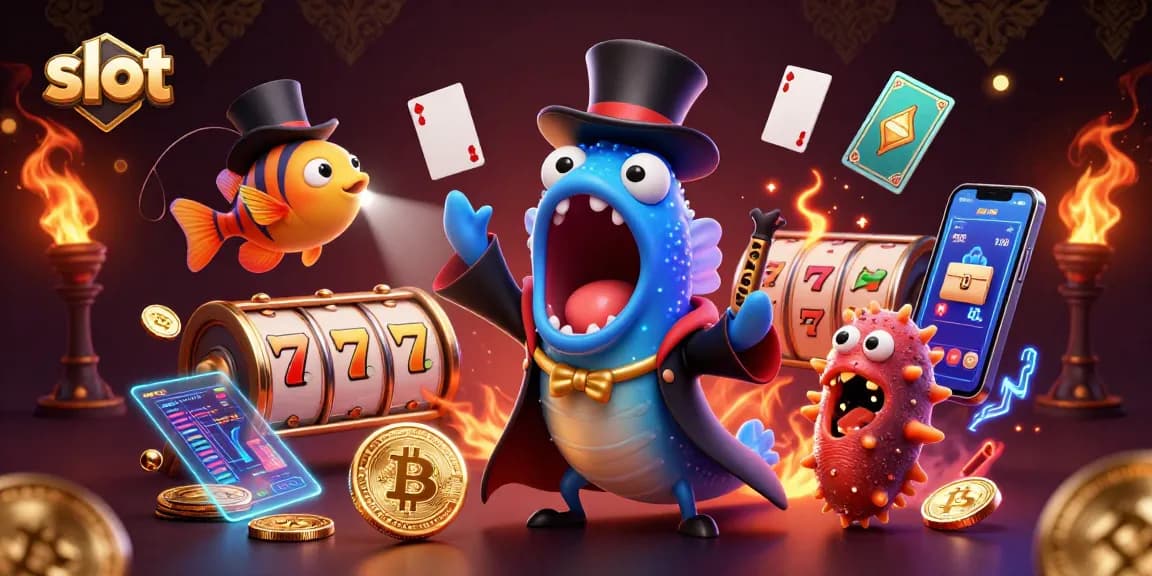 Experience the thrill of slot games with a vibrant illustration showcasing magical sea creatures performing tricks amidst glowing cryptocurrency elements.