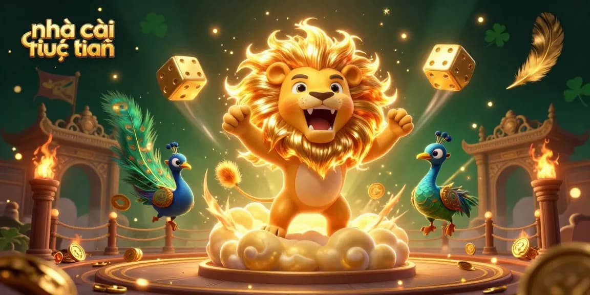Engage with nhà cái trực tuyến through this dynamic illustration showing a roaring sun lion and golden dice in a vibrant casino scene.