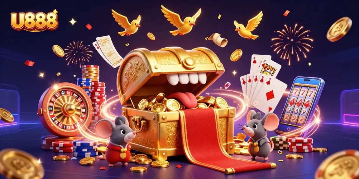 U888 entices players with a dynamic treasure scene filled with cascading coins, roulette wheels, and festive energy.