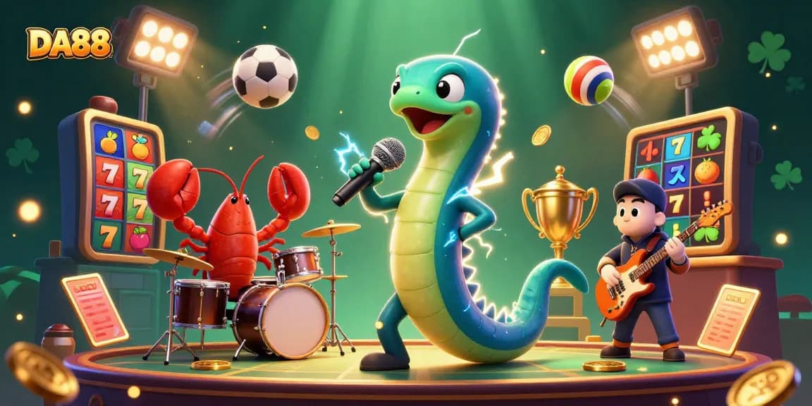 Experience the DA88 thrill with a DJ eel and band in a vibrant underwater casino scene.