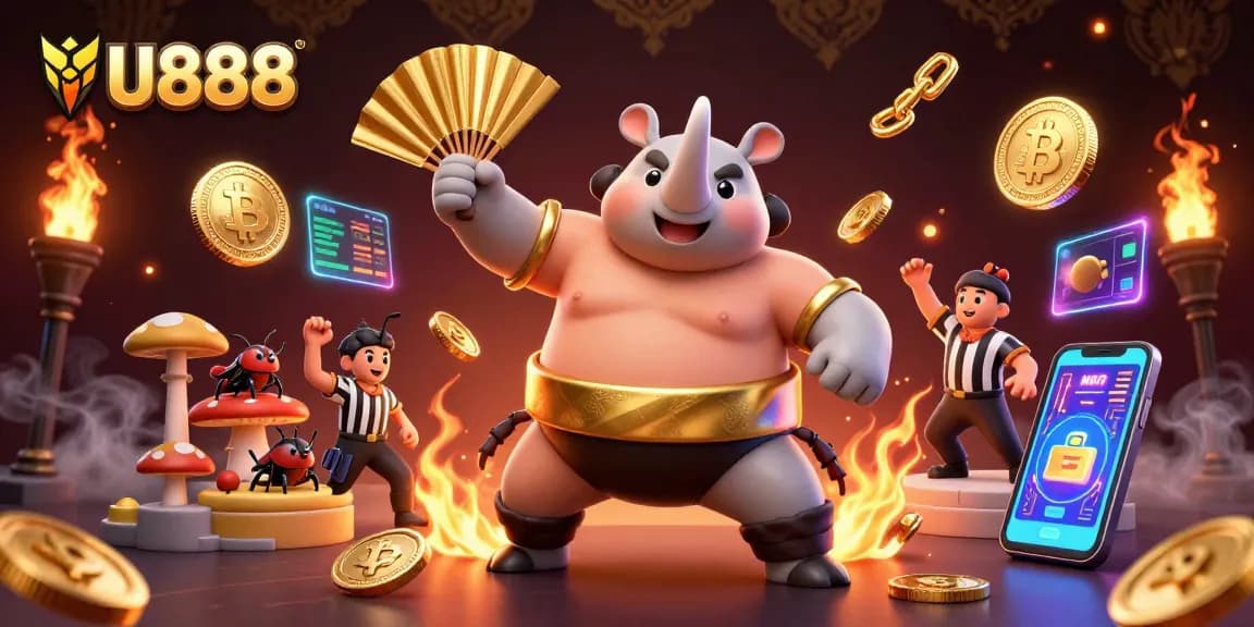 Experience thrilling jackpots at U888 with cartoon beetle champions amid floating crypto coins.