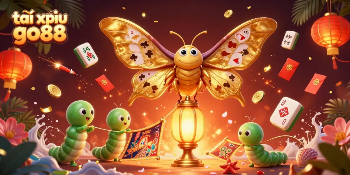 Tài xỉu go88 showcases vibrant casino scenes with golden moths and festive elements, evoking excitement