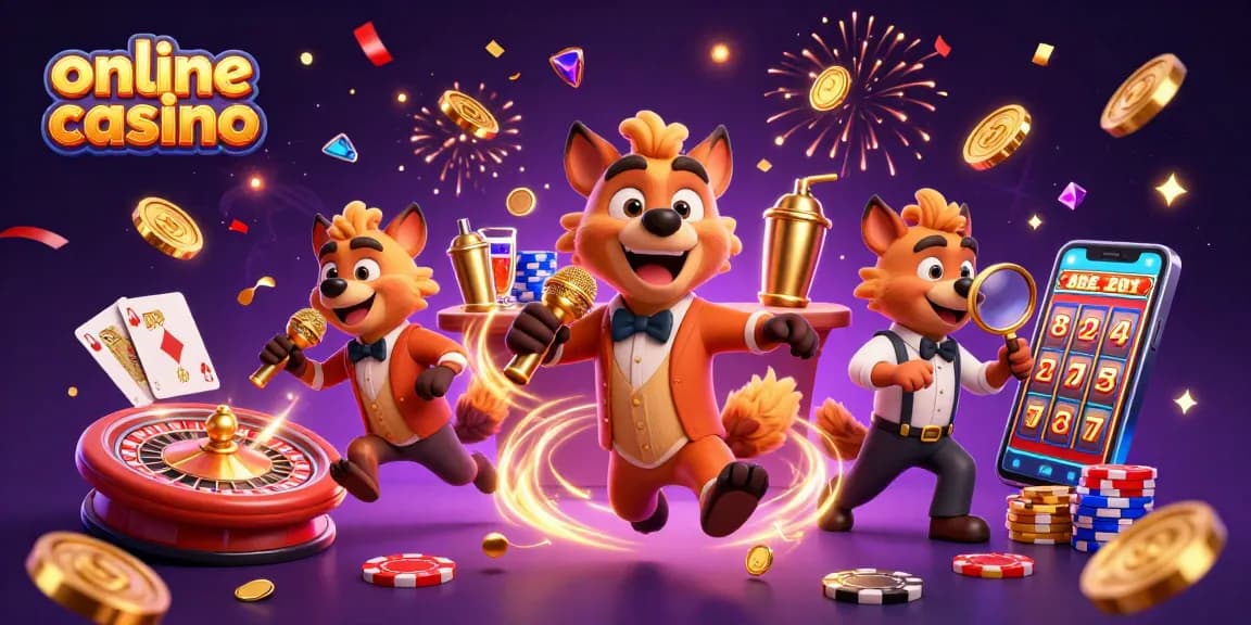Hyenas entertain at a vibrant online casino with golden coins and games spinning.