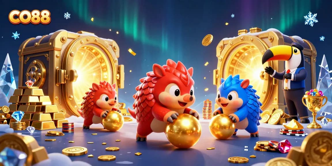 Experience exciting CO88 gaming with rival pangolins rolling casino chips and treasure in 3D!