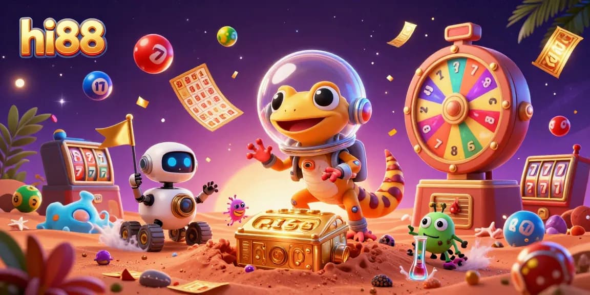 Experience thrilling wins at hi88 with an illustration of a Martian gecko discovering a golden casino.