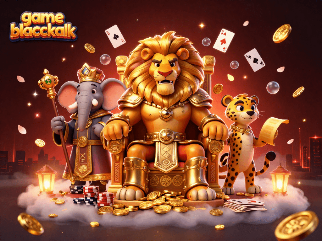 Engage in game blackjack with a dynamic scene showcasing a lion king, elephant advisor, and cheetah messenger amidst vivid casino elements.