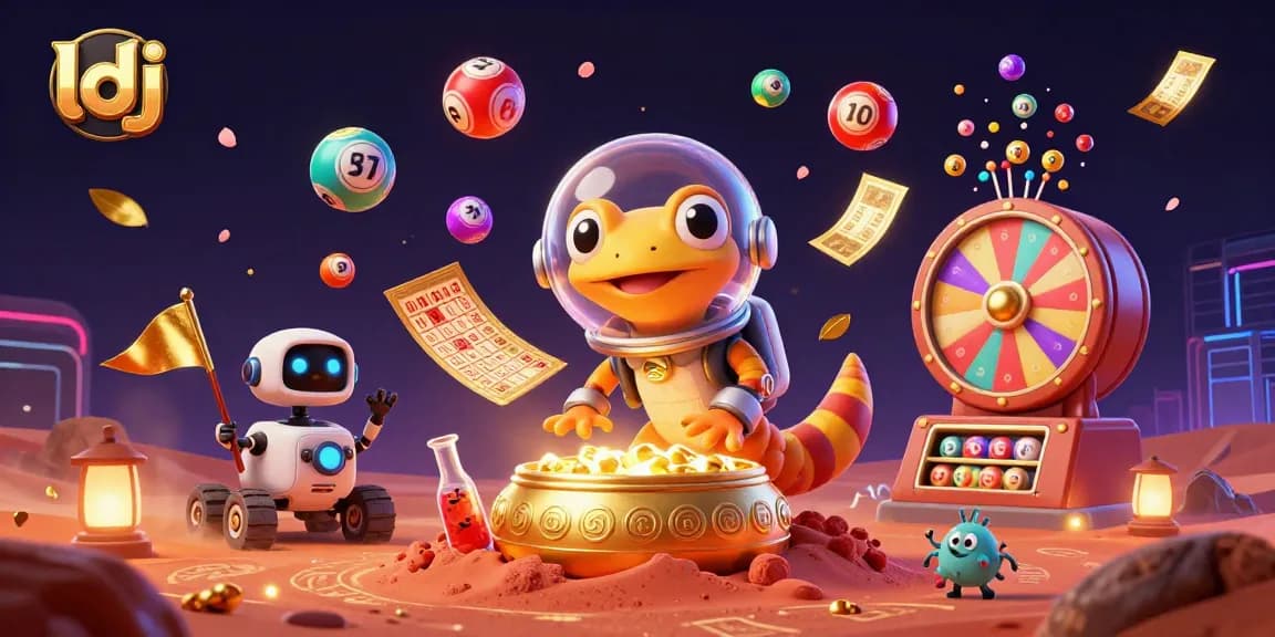 Engage with the dynamic scene of a Martian gecko exploring a golden casino, showcasing ldj's vibrant lottery and gaming elements.