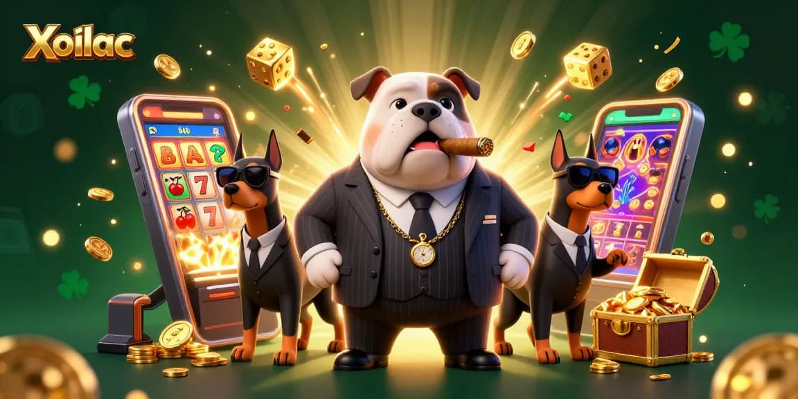 Xoilac showcases a dynamic casino scene with a mafia bulldog and bodyguards among gambling elements.