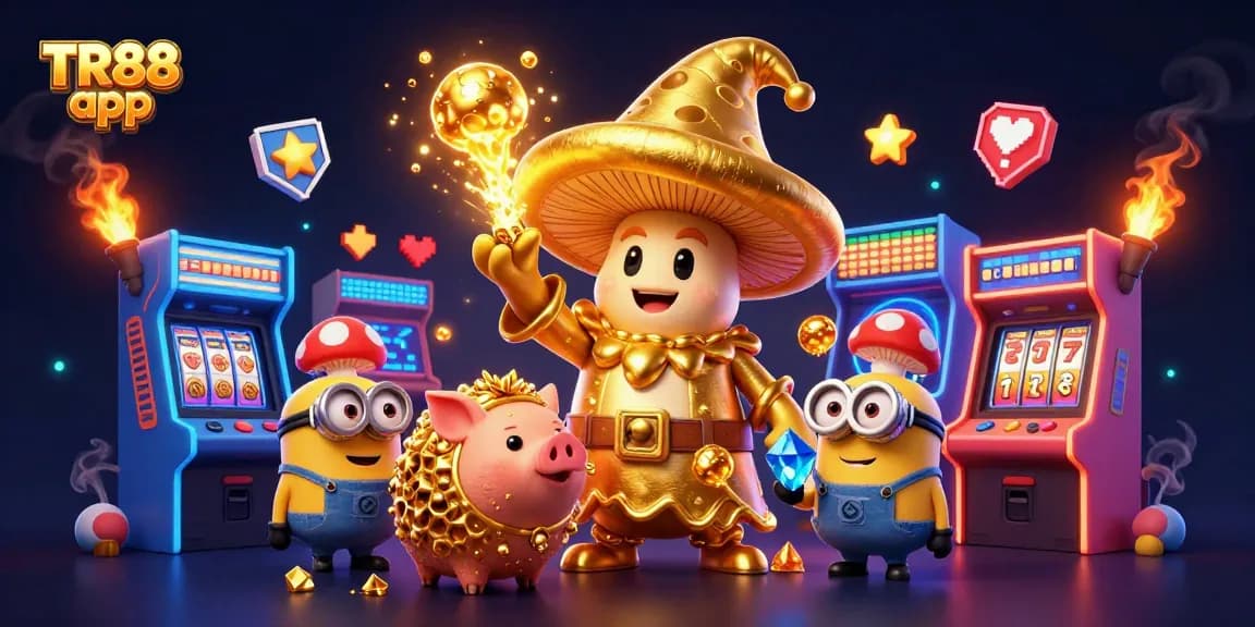 Experience gaming magic with the TR88 app in a golden, vibrant casino-inspired 3D scene.