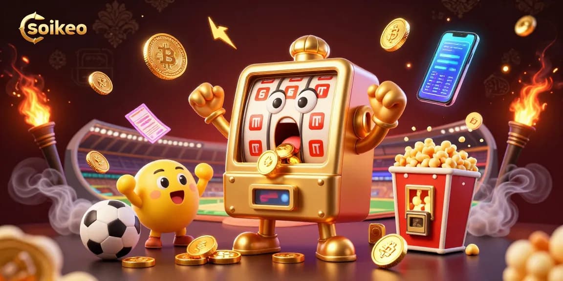 soikeo sports betting illustration featuring a golden slot machine hitting a jackpot