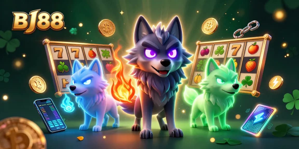 BJ88 showcases exhilarating slot games with vibrant visuals and engaging characters in a dynamic casino illustration.