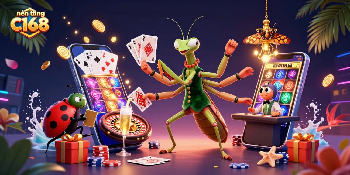 Engage with the vibrant platform C168, featuring dynamic gaming elements and animated characters in a casino setting.