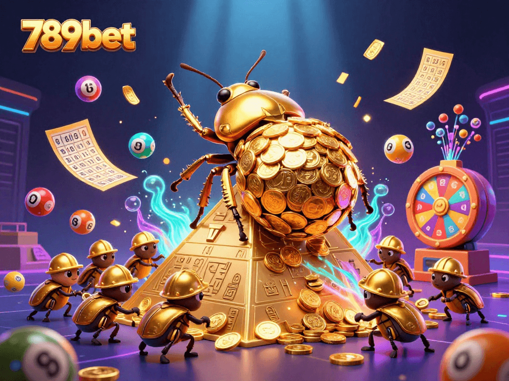 Engage with 789bet's vibrant gaming scene featuring a golden dung beetle and colorful elements.
