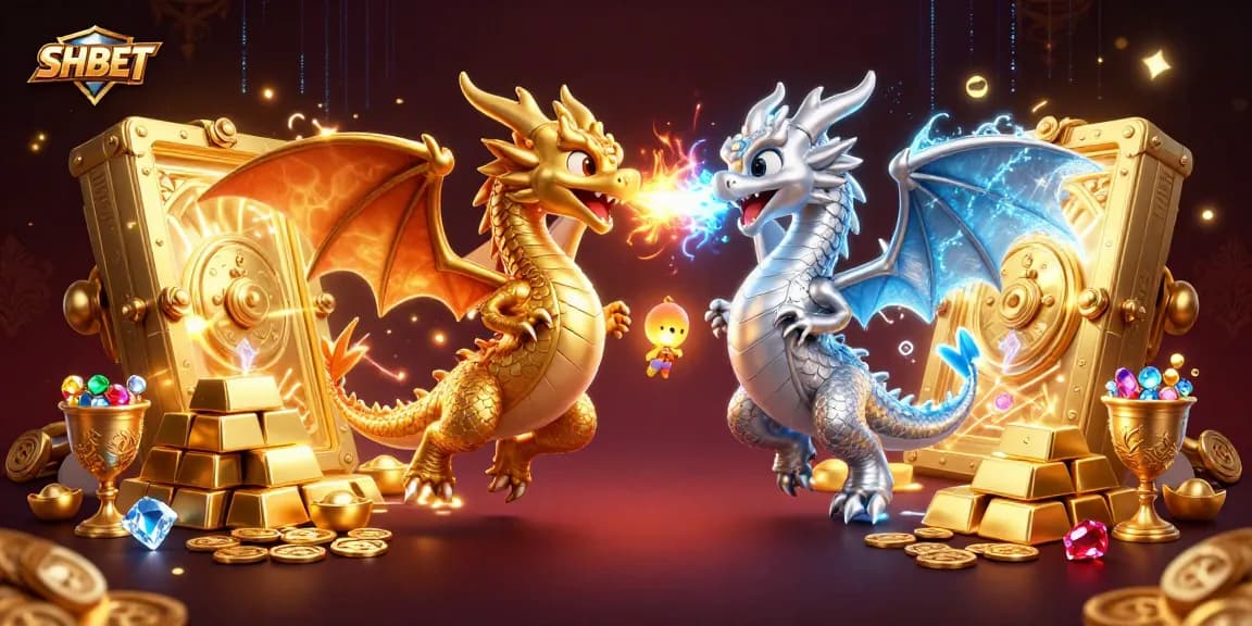 Experience the world of SHBET with gold and silver dragons amidst a treasure-filled casino.