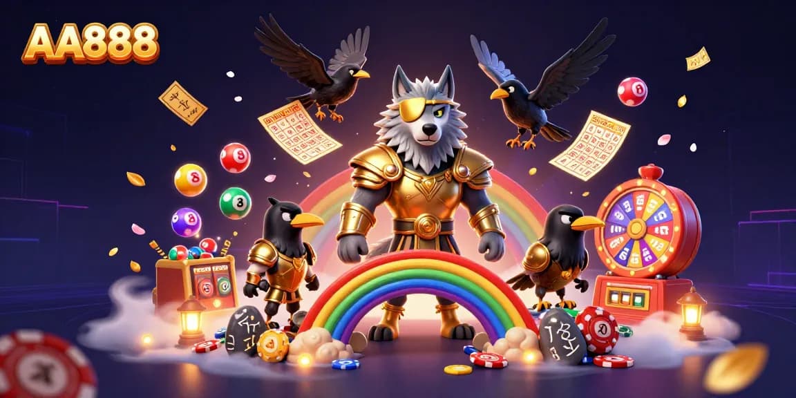 Engage in thrilling lottery gameplay with AA888, featuring colorful numbered balls and dynamic prize elements.