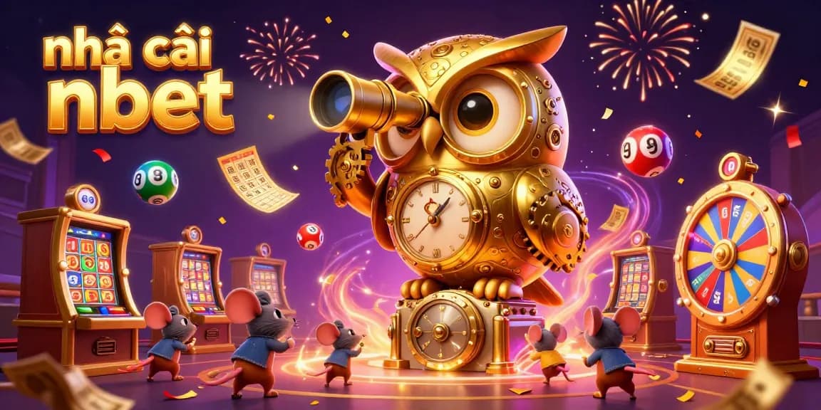 Experience the magic of nhà cái nbet in this vibrant casino scene featuring a clockwork owl and playful mice.