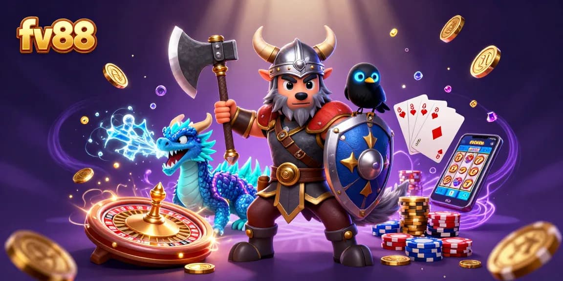 Engage with fv88's thrilling casino scene featuring a Viking wolf warrior, dragon, and shimmering gold coins.