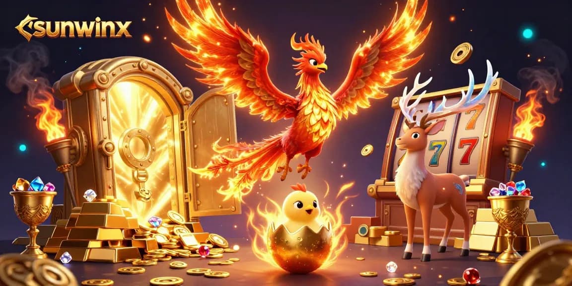 Experience sunwinx with a vibrant illustration of a phoenix and treasures in an Asian-inspired casino.