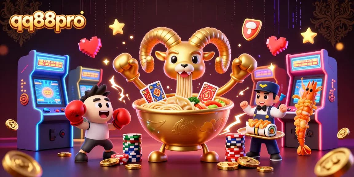 Engage with qq88pro in a vibrant online casino scene featuring game characters and arcade elements.