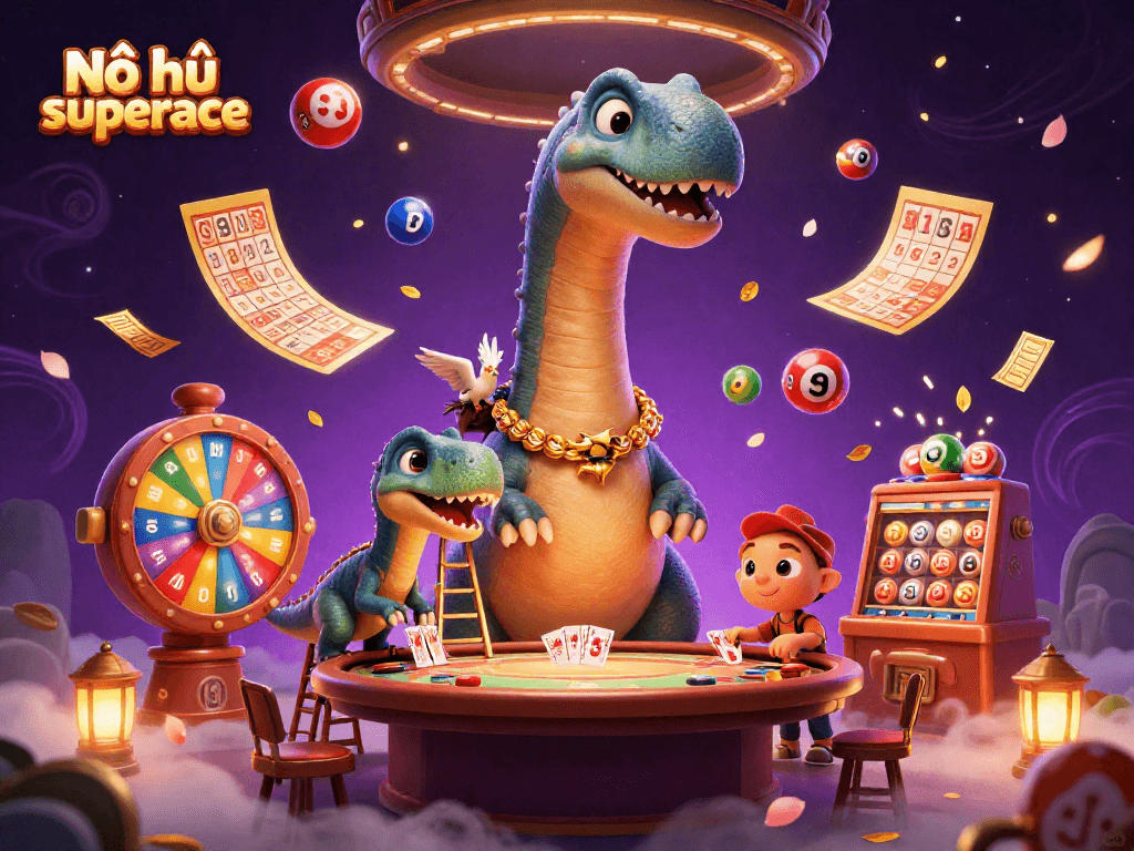 Nổ hũ superace unleashes excitement with a dynamic casino scene featuring a towering brontosaurus and raptor dealer.