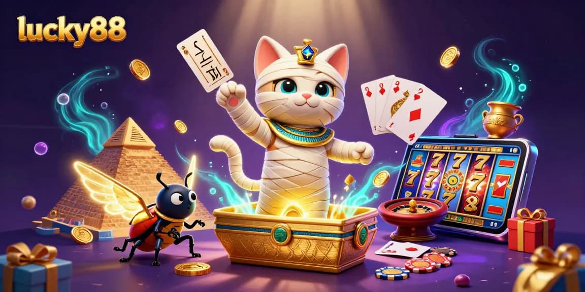 Lucky88 elevates gaming excitement as the Egyptian mummy cat and scarab beetle showcase thrilling slot game dynamics.