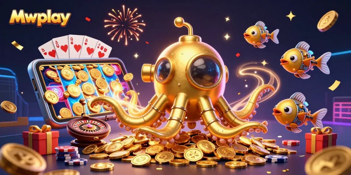 Experience exciting gaming at Mwplay with a 3D kraken submarine amidst golden coins and vibrant slot games.