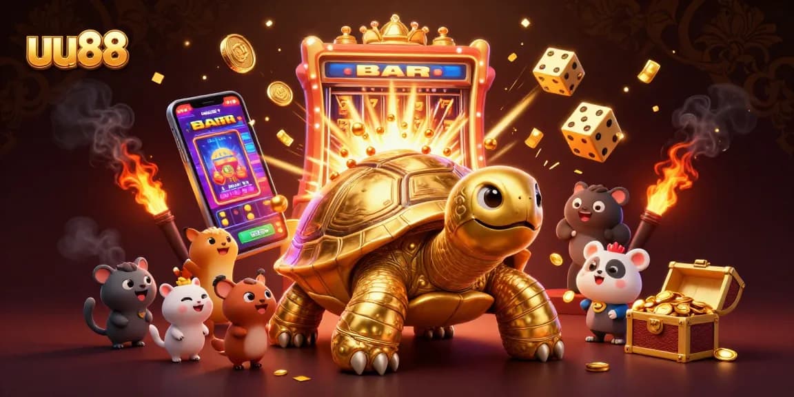 Experience exciting gameplay at uu88 with a vibrant casino illustration showing colorful slot machines and dynamic game elements.