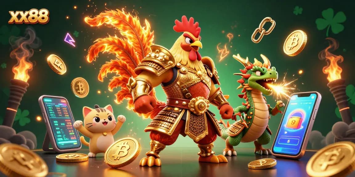 Engage with xx88's electrifying atmosphere featuring epic gaming characters and crypto elements.