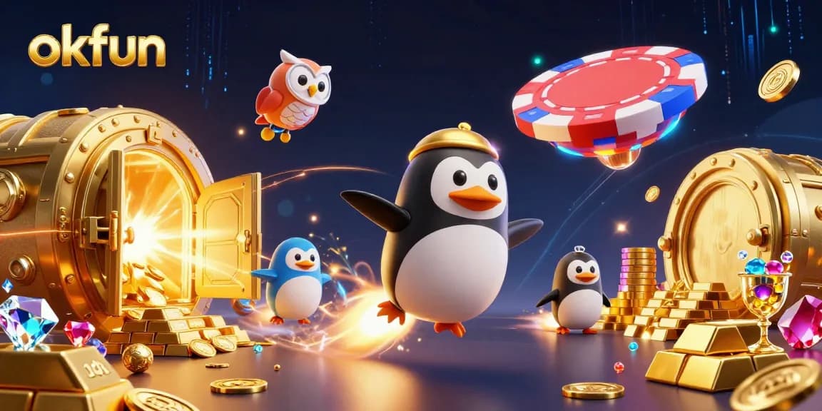 Experience exciting wins with okfun, where a golden penguin blasts through space to a casino.