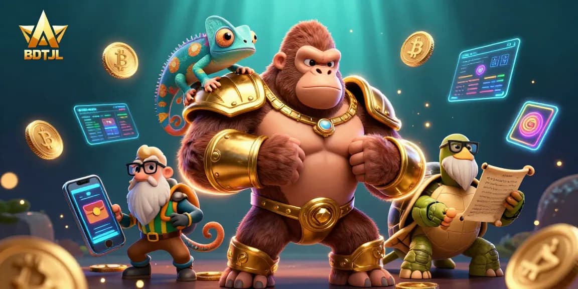 Experience thrilling crypto gaming with BDTJL's vibrant casino characters and neon elements.