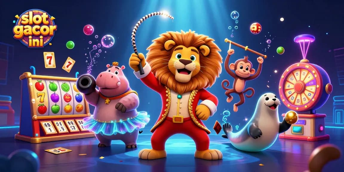 Experience slot gacor malam ini with a vibrant 3D illustration featuring circus characters and casino elements.