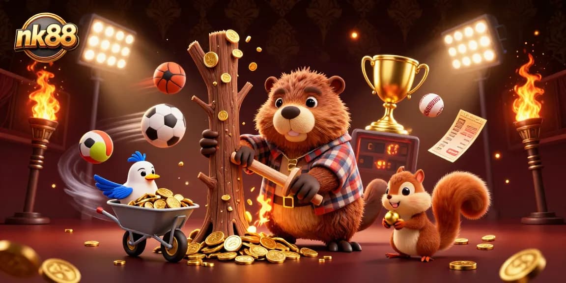Win big with nk88 as the beaver gathers gold coins and sports elements in a vibrant illustration.