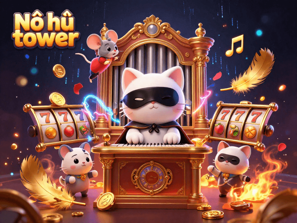 Nổ hũ tower showcases an energetic phantom cat at a casino pipe organ, surrounded by dynamic symbols of luck and wealth.