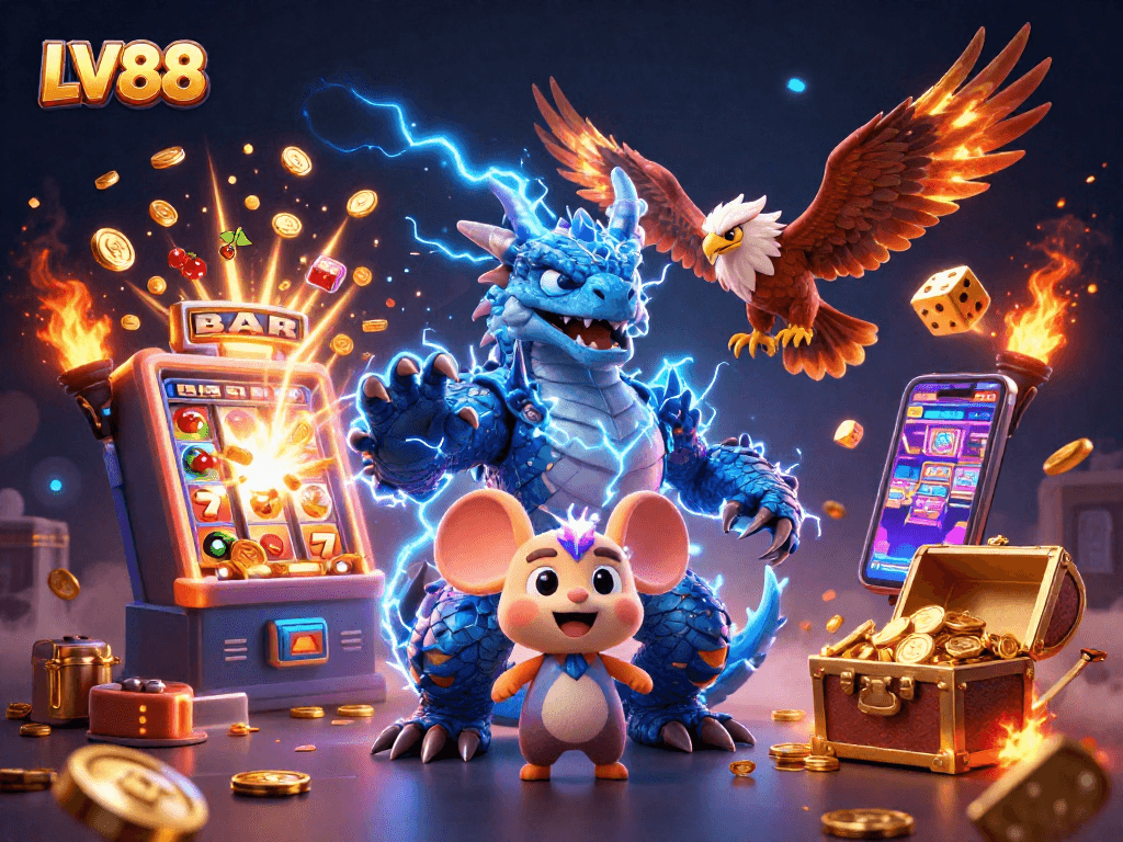 LV88 showcases an electric dragon and glowing characters amidst vibrant casino games exploding with excitement.