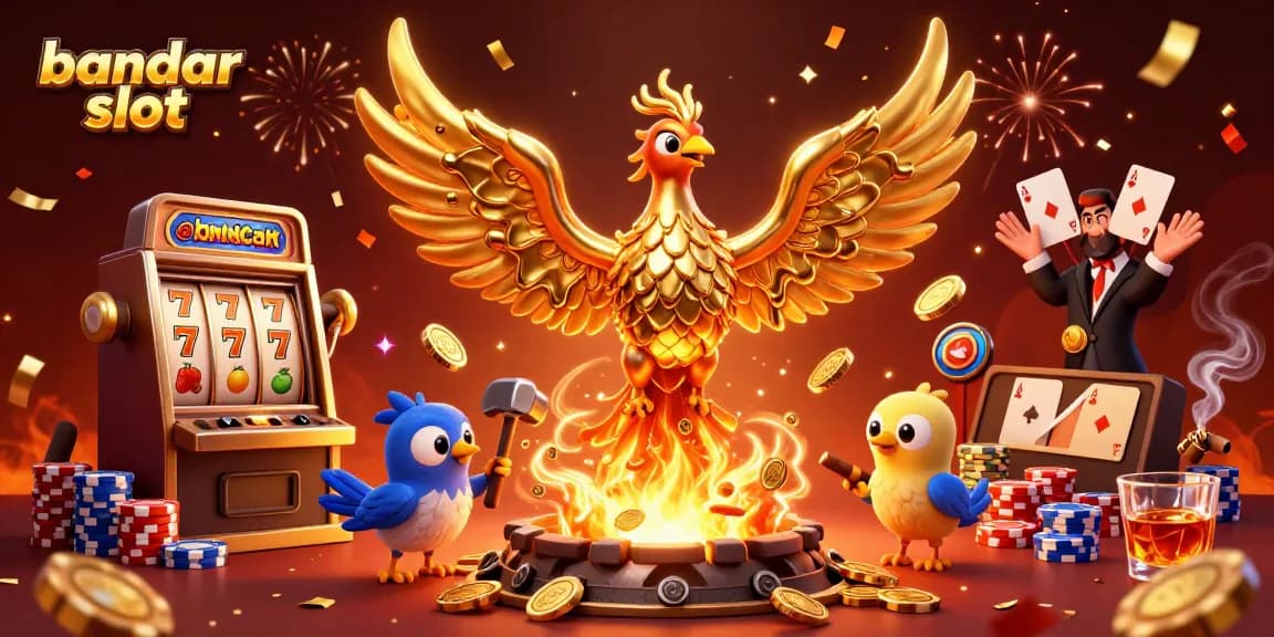 Experience exciting gameplay with bandar slot, showcasing a molten phoenix amidst vibrant casino elements.