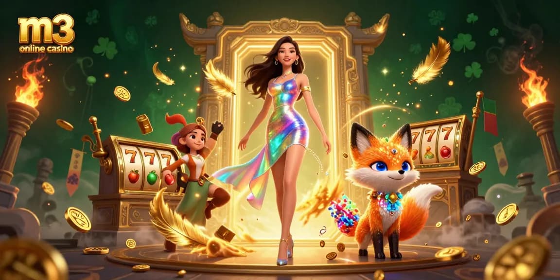 Experience thrilling gaming at m3 online casino with vibrant illustrations of dynamic characters and slot elements.