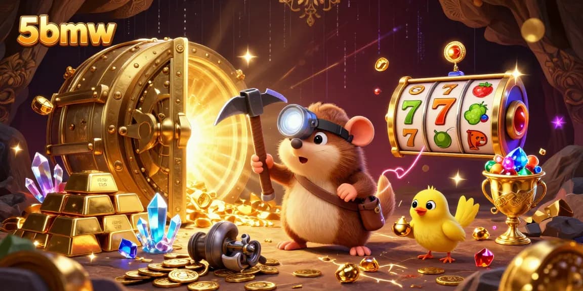 Engage with 5bmw's thrilling slots in this vibrant 3D illustration featuring dynamic casino elements.