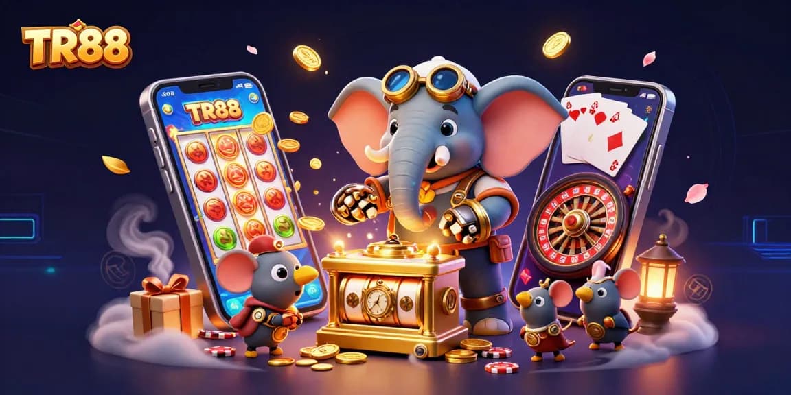 TR88 showcases a vibrant casino experience with a steampunk elephant slot engineer and dynamic gaming elements.