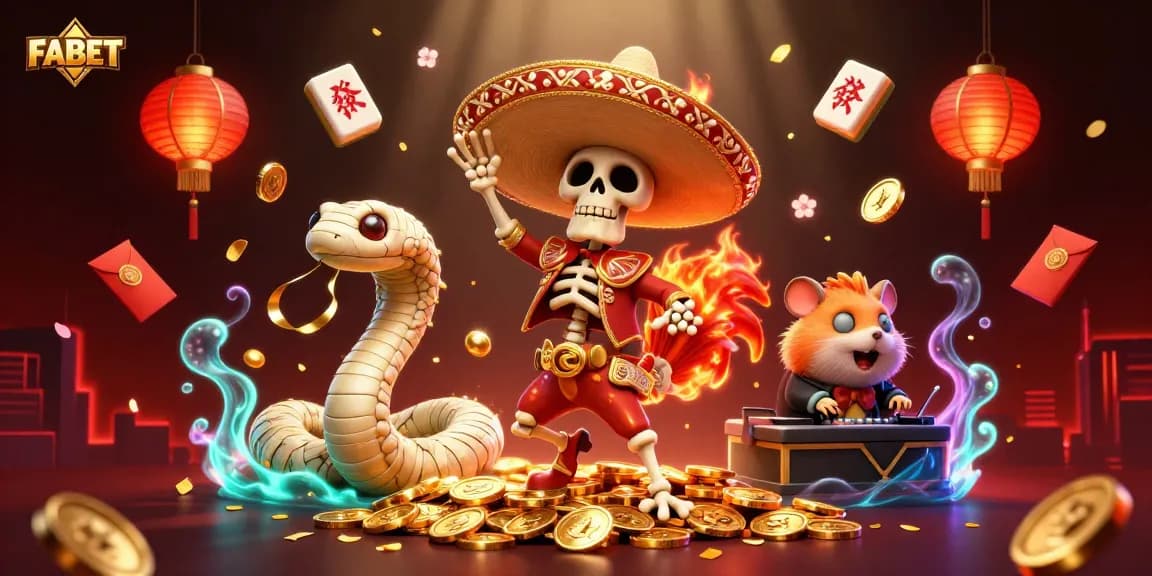 FABET shows a vibrant celebration with a dancing mariachi rooster amidst casino elements.