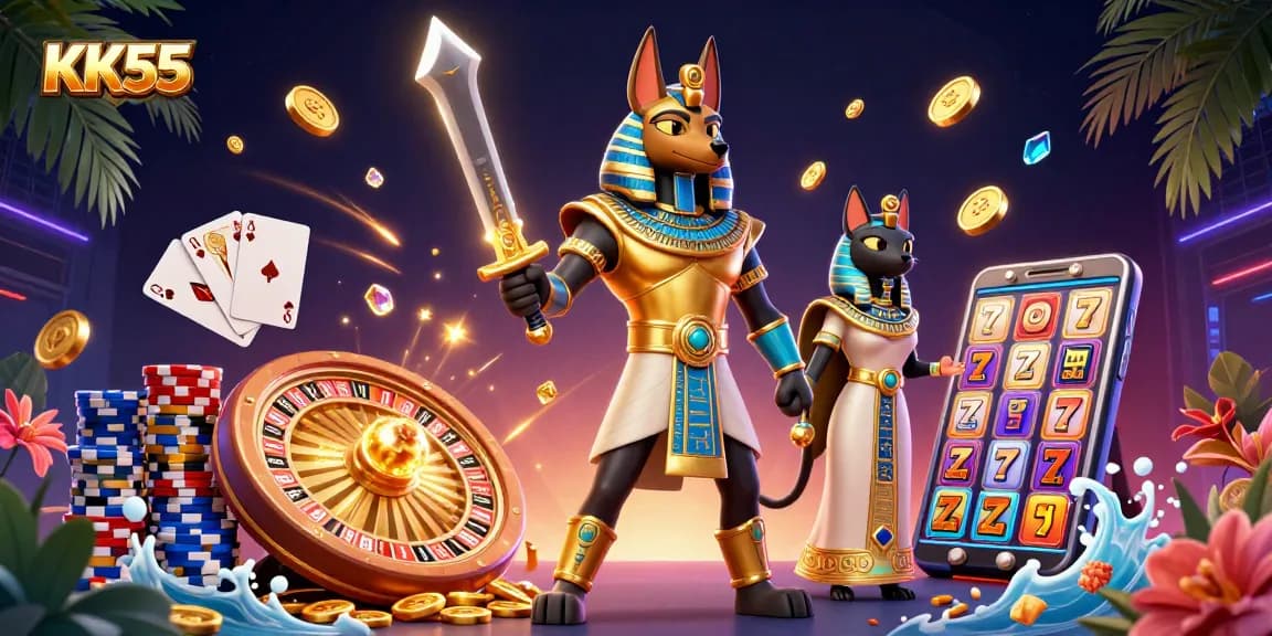 Spin and win big with KK55 in an enchanting 3D casino scene filled with treasure!
