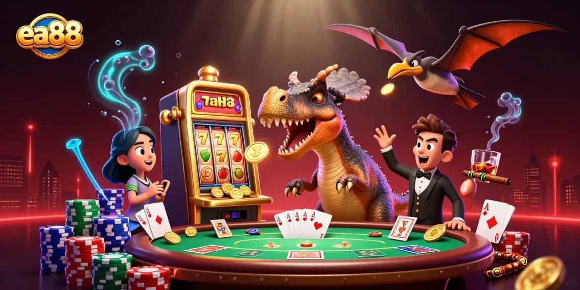 Experience ea88 dynamic wins with a pachycephalosaurus hitting a slot machine amid vibrant casino chaos.