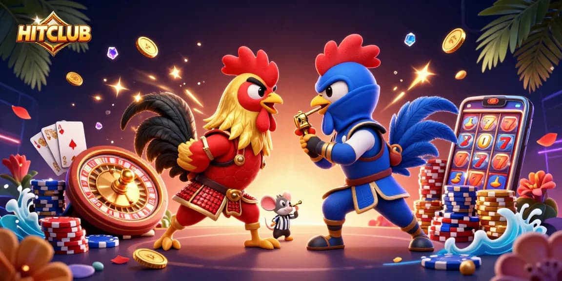 Experience thrilling gameplay at HITCLUB with dynamic cartoon roosters and vibrant casino elements.