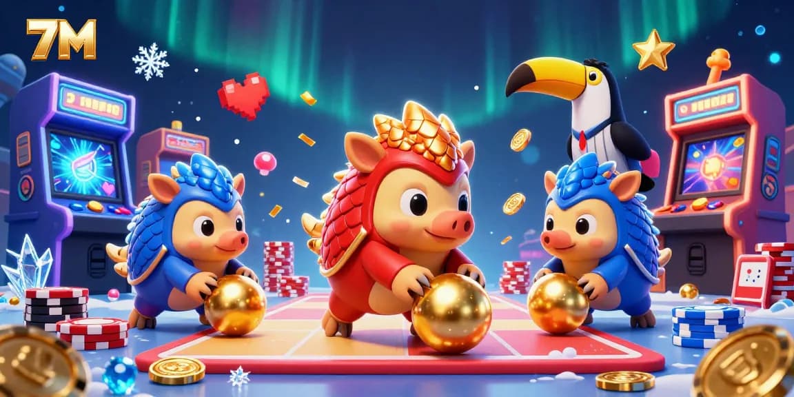 Engage in thrilling casino adventures with 7M as rival pangolins roll poker chips in a dynamic 3D scene.