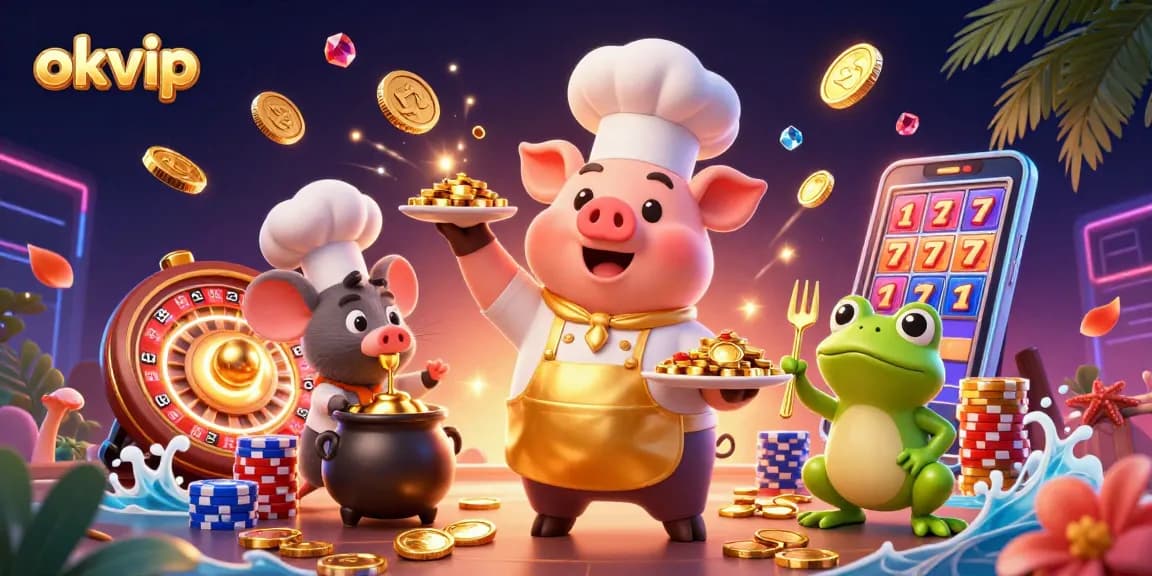 Engage with the vibrant entertainment world of okvip featuring a lively 3D casino scene with characters and golden elements.