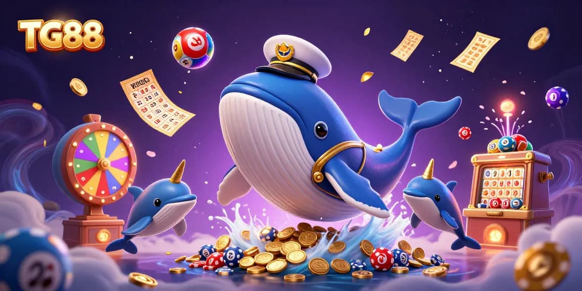 TG88 brings excitement with a vibrant casino scene of animated characters and lottery elements.
