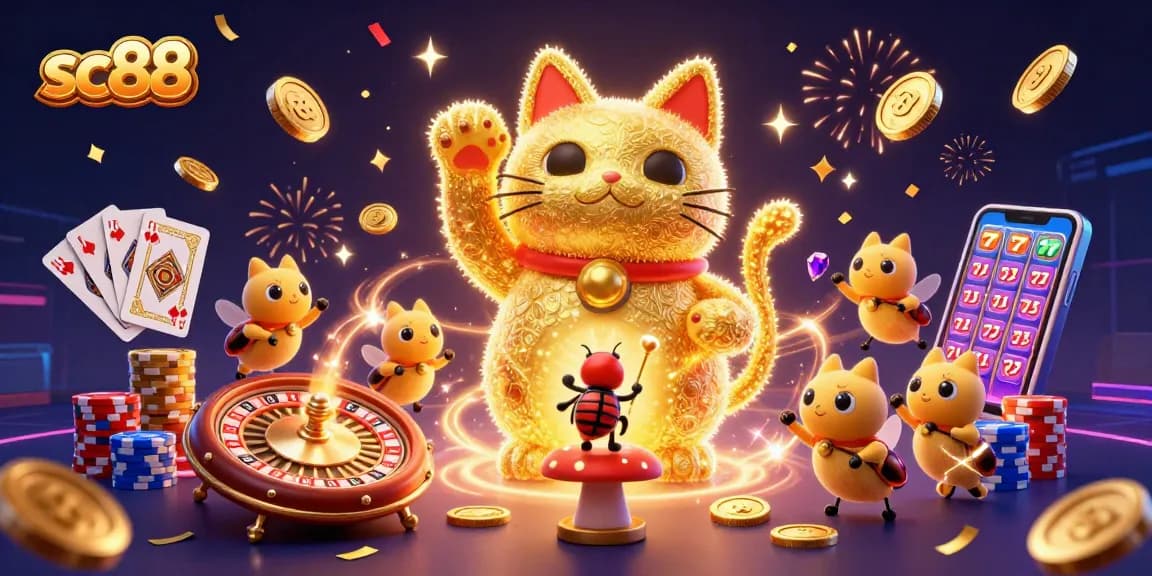 Spin and win with sc88 in this vibrant 3D casino illustration showcasing golden fireflies and luck symbols.