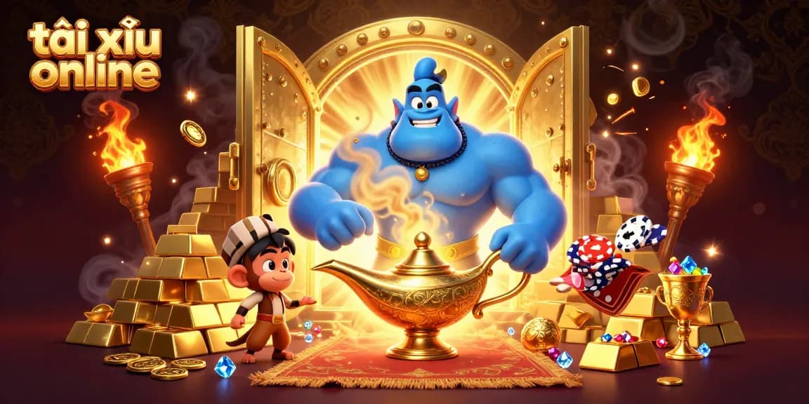 Engage in thrilling tài xỉu online action against a backdrop of gold treasures and vibrant casino elements.