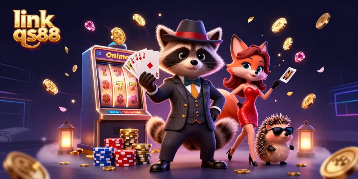 Spin the slots at link qs88, featuring a raccoon in a suit and a dazzling fox amidst vibrant casino elements.