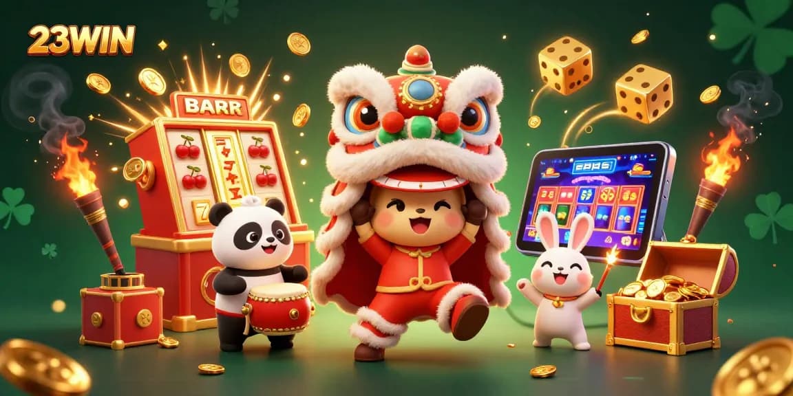 Experience thrilling wins with the vibrant 23WIN casino illustration featuring lively characters and exciting game elements.