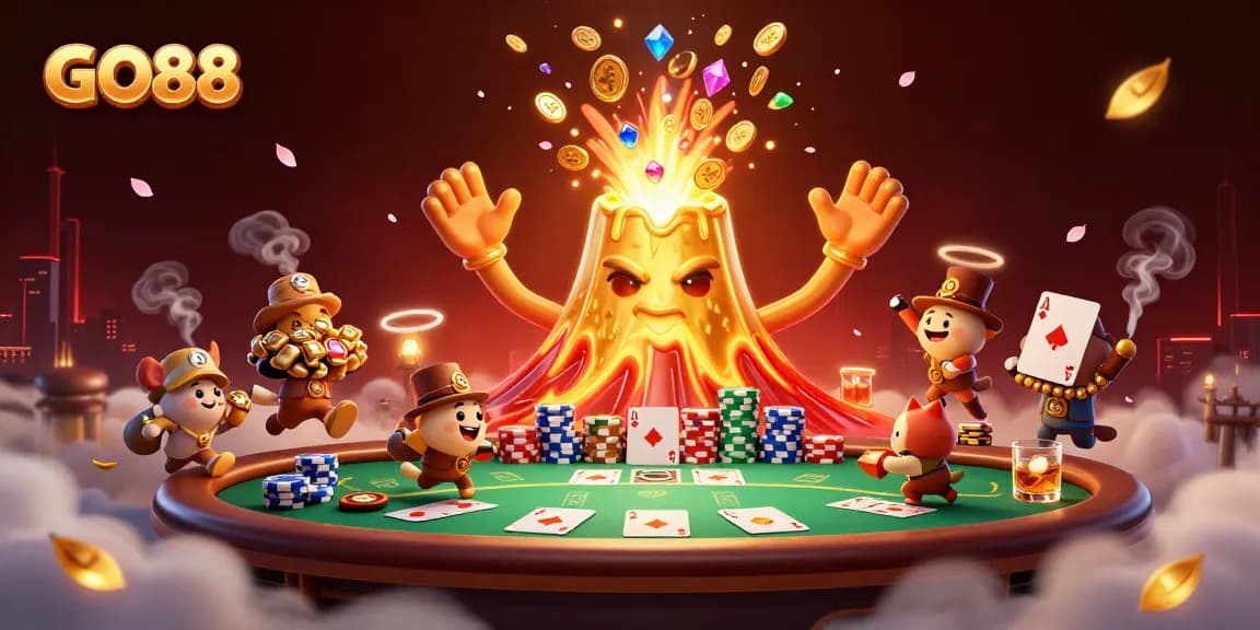 GO88 volcano erupts coins and treasures around poker table, creating a vibrant casino scene filled with excitement.